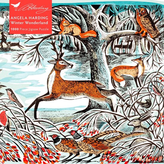 Puzzle "Winter Wonderland" par Angela Harding avec des cerfs, renards, écureuils, lapins, faisans et oiseaux dans une forêt enneigée.