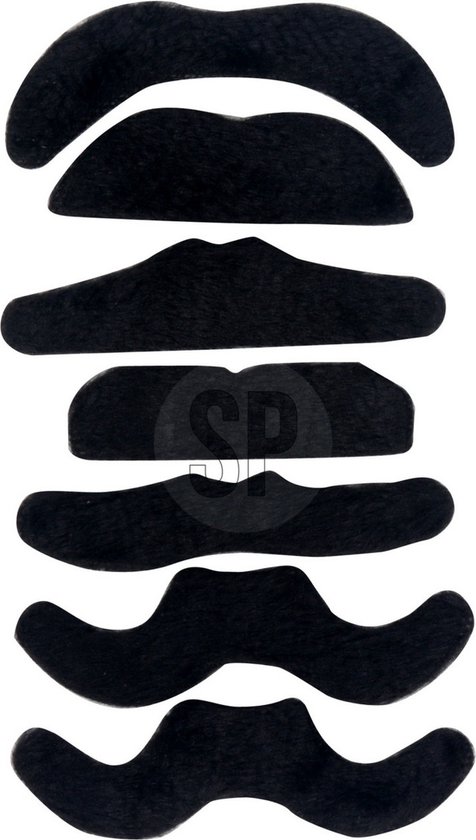 Zelfklevende plaksnorren set van 7 stuks - carnaval/verkleed accessoires - zwart - nepsnorren