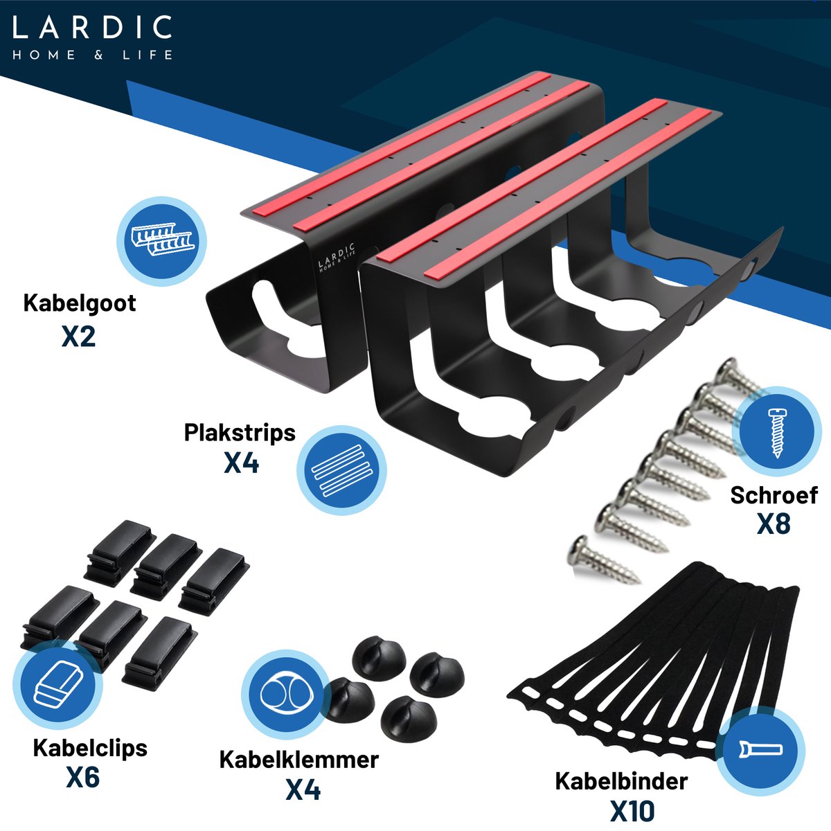 Lardic Home & Life Lardic Metalen Kabel organiser Onder Bureau - Kabelgoot Bureau - Plakken of Schroeven - Kabelbox