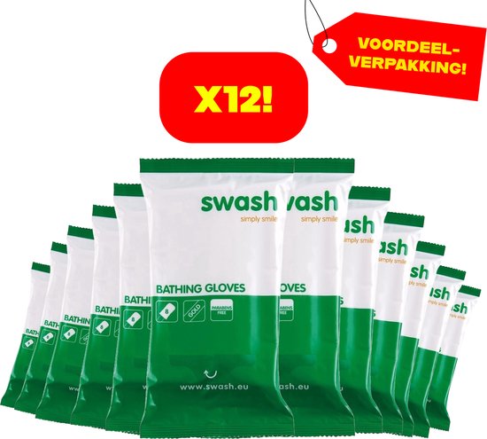 Voordeelverpakking van 12x 8 Swash badhandjes, witte verpakking met groene opdruk.