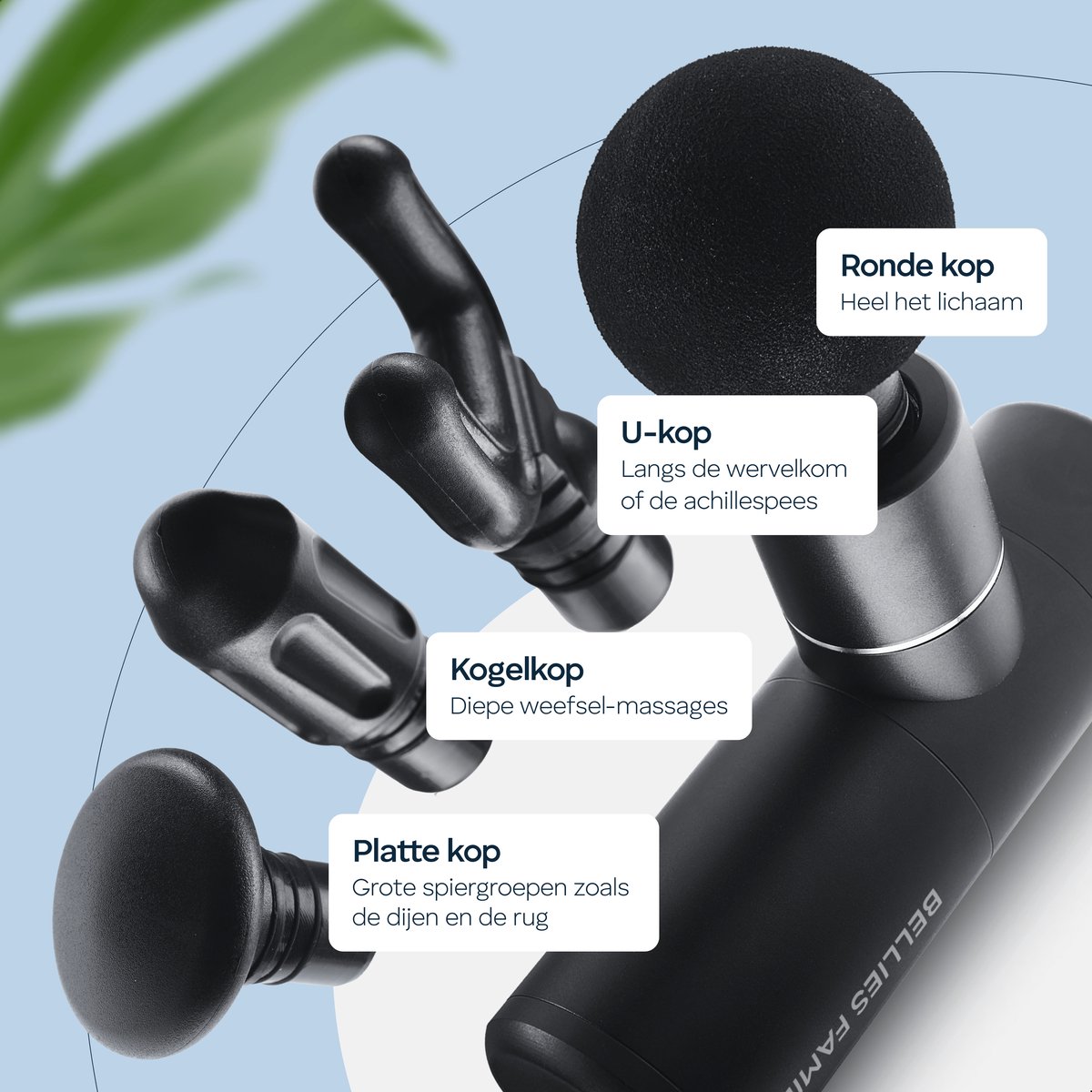 Afbeelding 2 van Massage Gun Mini PRO - Samengesteld door Msc. Fysio - Sport en Relax Massage Apparaat - 4 opzetstukken - Professioneel - Bellies family