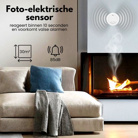 Rookmelder in woonkamer bij open haard. Tekst: Foto-elektrische sensor, 30m², 85dB. Reageert binnen 10 seconden.