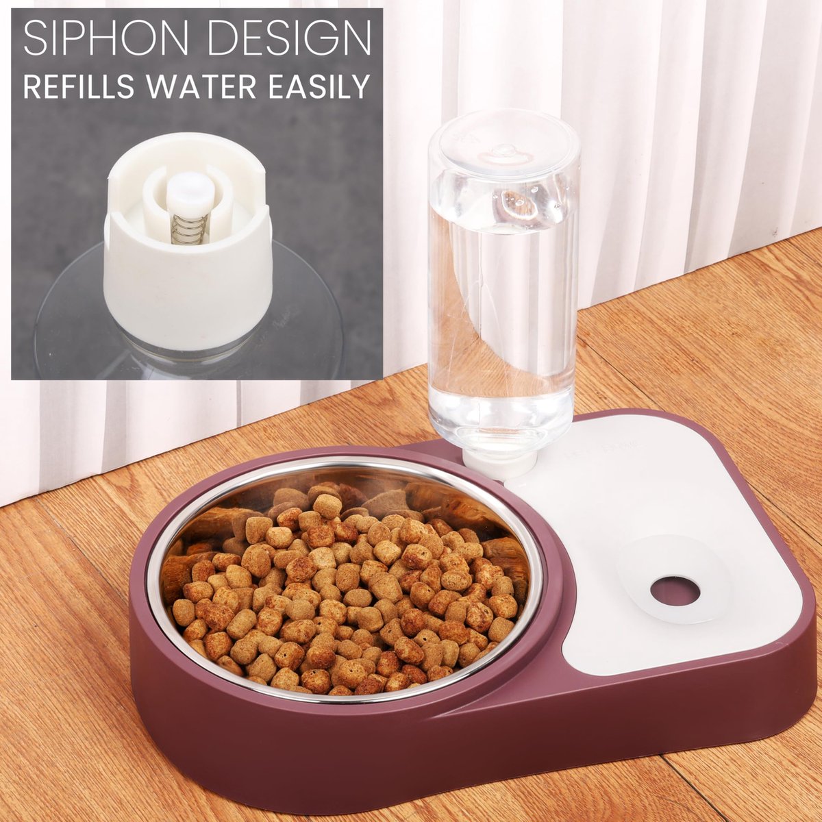 Afbeelding 2 van Belle Vous Brown Automatic Water Dispenser/Feeder Pet Food Bowl - 500ml/17oz Capacity - Plastic Gravity Pet Food Dispenser - Water/Food Bowl for Cats, Small/Medium/Large Dogs, Rabbits & Other Animals