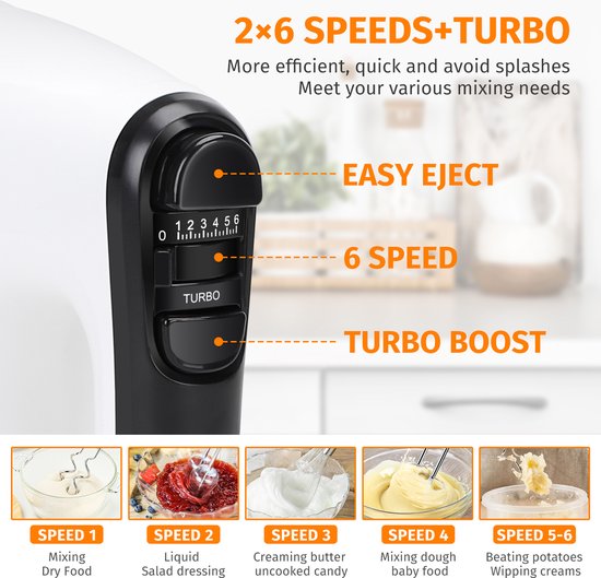 Aigostar Pudding 30XMJ - Handmixer - 6 snelheden en turbofunctie - Opslagbasis - Kloppers & Deeghaken & Garde - Mixer - 400W - RVS - Wit van Aigostar — afbeelding 3