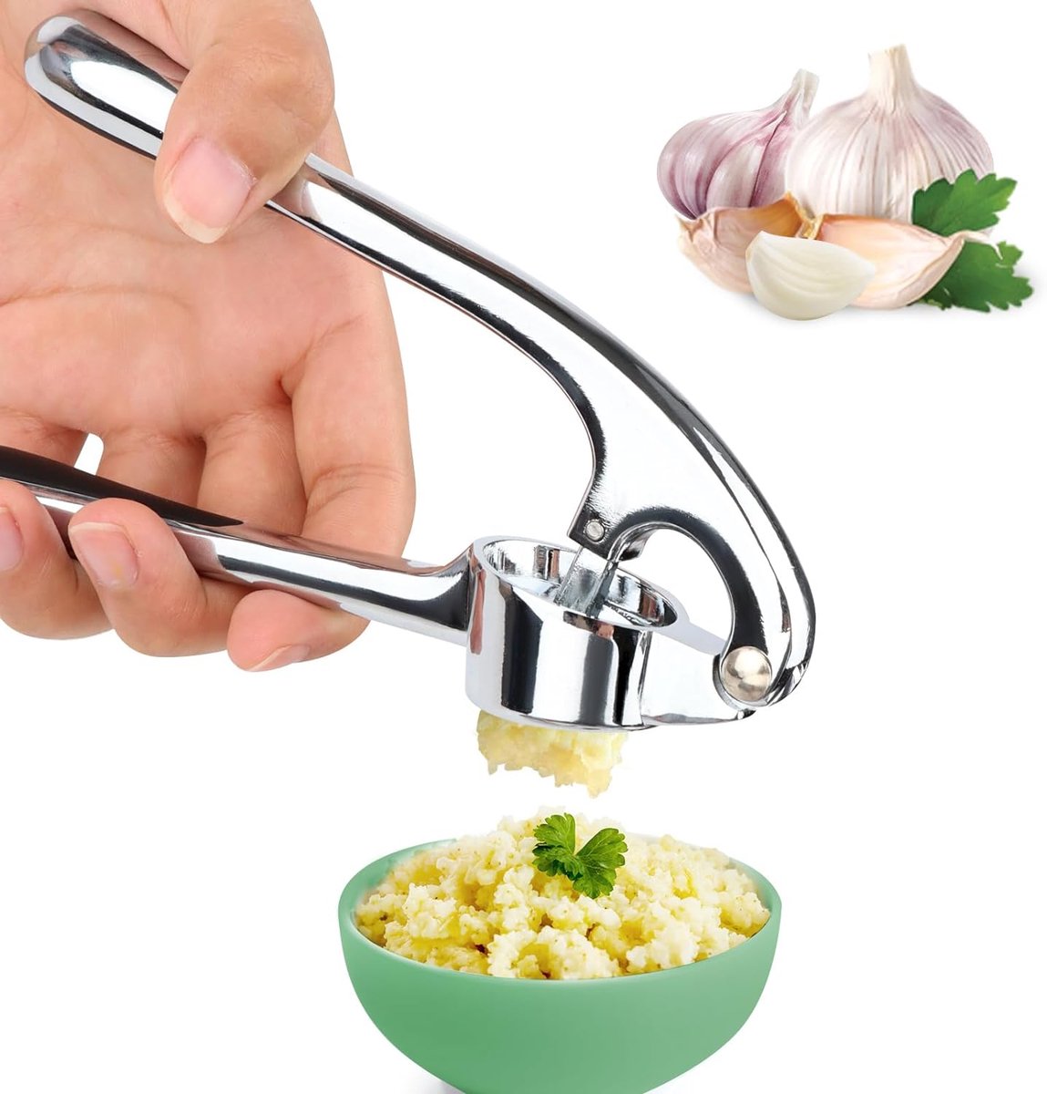 Knoflookpers keukenhulp knoflooksnijder Garlic Press met gemakkelijk te drukken handvat knoflookhakgereedschap voor het extraheren van meer knoflookpasta gemakkelijk te reinigen zilver