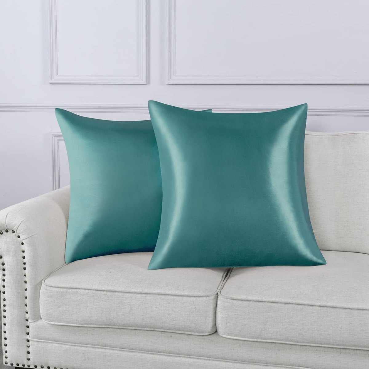 Azalia Set van 2 Satijn kussenslopen 65 x 65 cm , Zacht en Zijdig Bed Kussen Kussen Kussen Groen water, Envelop Sluiting, Anti-mijt en Hypoallergeen, Haar en Huid Bescherming tegen rimpels