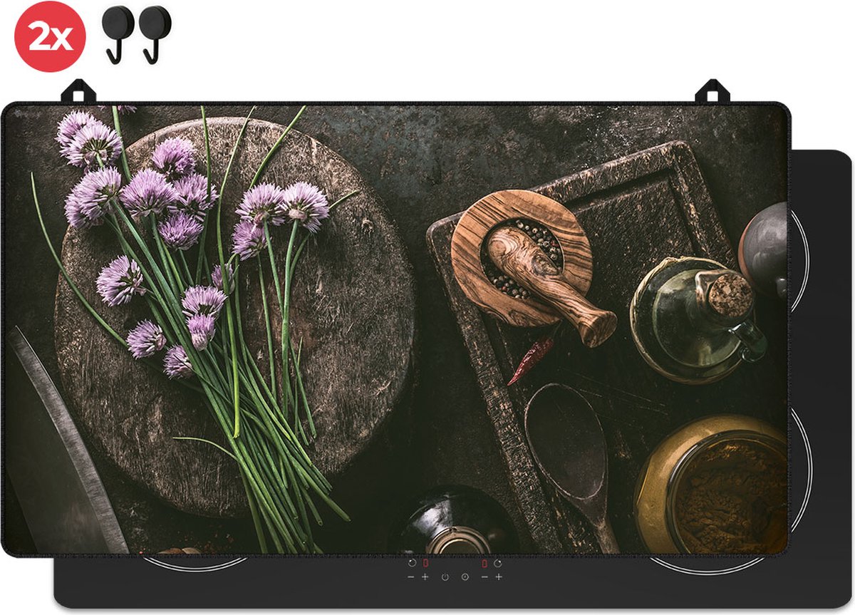 KitchyMist Inductie Beschermer 90x52 cm - Stilleven met Kruiden en Specerijen - Kookplaat Beschermer - Afdekplaat voor Kookplaat - Inductie Mat - Spatscherm Achterwand Keuken