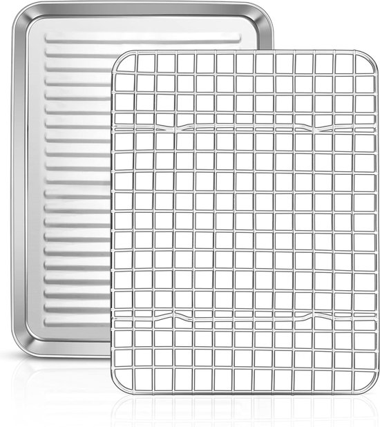 Backplaat met koelrooster, Onader roestvrij staal ovenplaat bakvorm met cakerooster set voor serveren, bakken, braden, eenvoudig te reinigen & ongiftig, 31,4x24,6x2,5cm