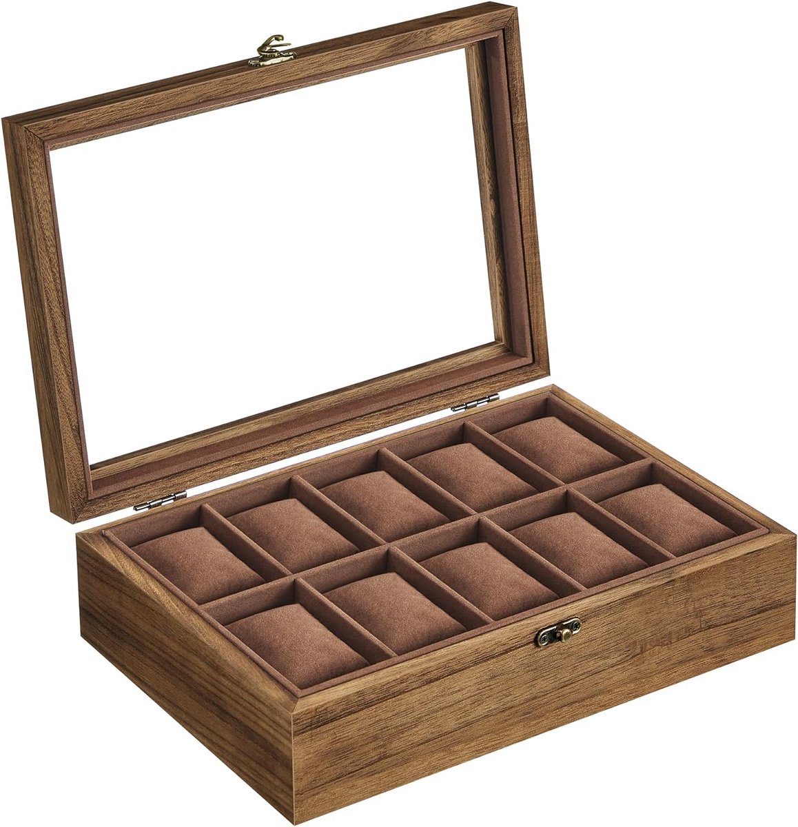 SONGMICS Horlogebox met 10 sleuven, horlogekast, massief houten horlogedoos, organizer met groot glazen deksel, horlogebox met afneembare kussens, cadeau-idee, rustiek notenhout