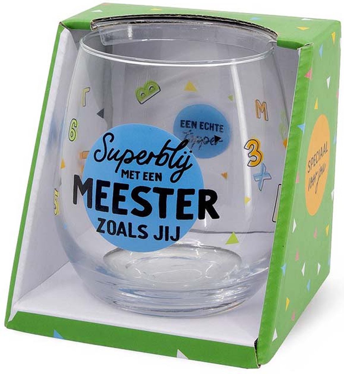 Schooljaar - Toffees - Wijnglas - Superblij met een Meester zoals jij - zijden lint: "Speciaal voor jou" - Cadeauverpakking