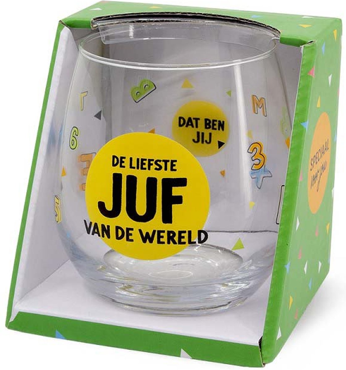 Schooljaar - Toffees - Wijnglas - De liefste Juf van de wereld - zijden lint: "Speciaal voor jou" - Cadeauverpakking