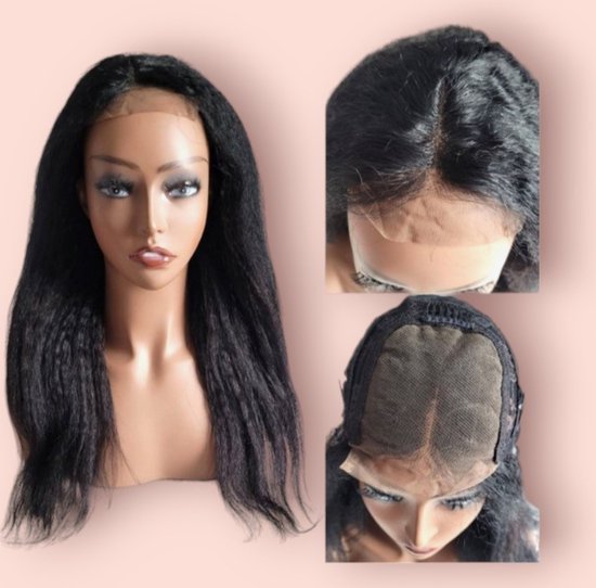 Frazimashop- Perruques brésiliennes Remy pour femmes – Perruques 100 % hair humains lisses et crépus de 45,7 cm – Perruque avec fermeture en dentelle 4 x 4