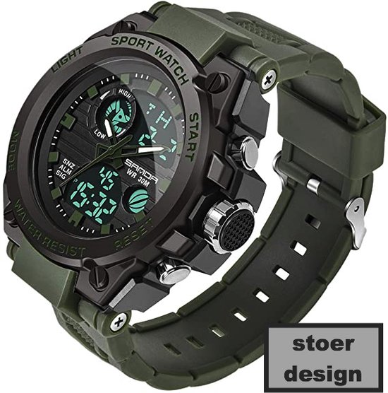 Stoer ontworpen groene en matzwarte sport watch met rubberen band, digitale en analoge wijzerplaat.