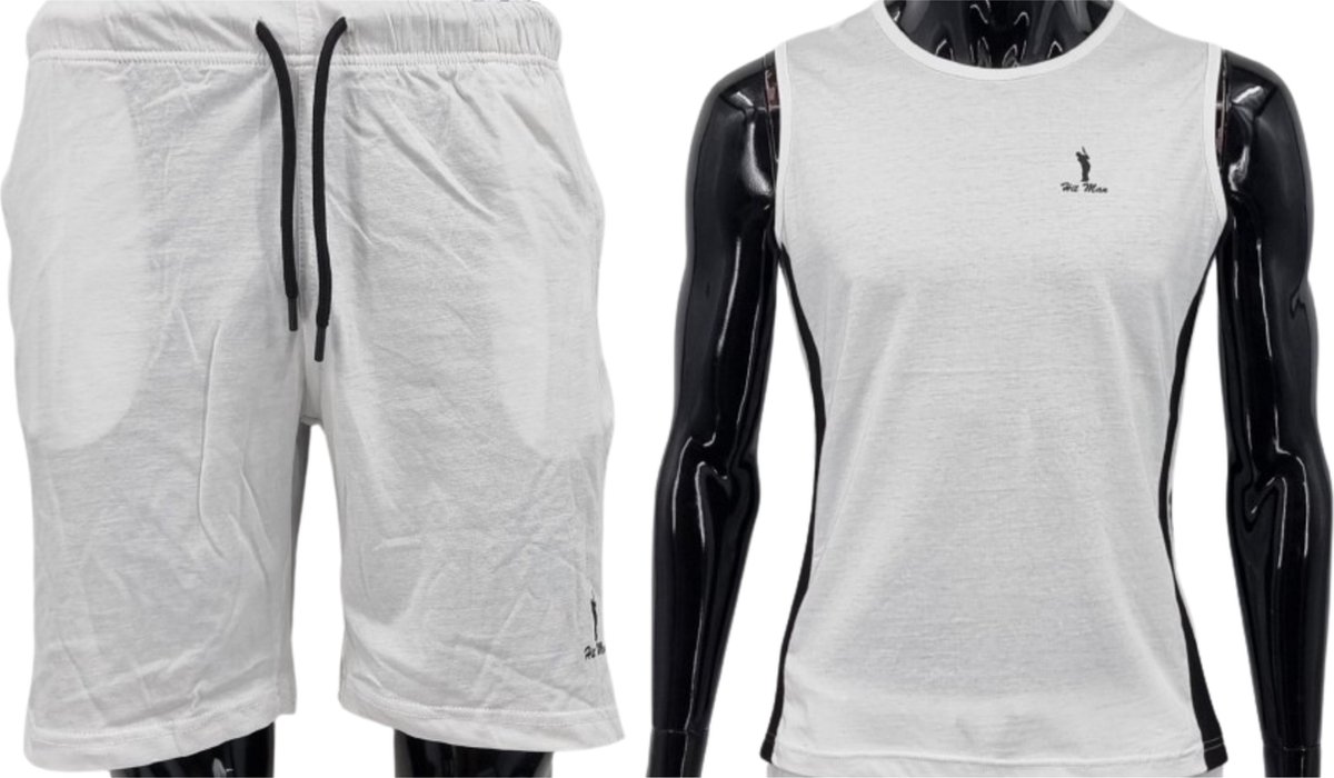Hitman – Korte Broek Heren - 100% Katoen - 2 Delige Set - Korte Broek met Ritszakken - Sportkleding Heren - Huispak Heren - 1 x Korte Broek en 1 x Heren Hemd - Wit – Maat L
