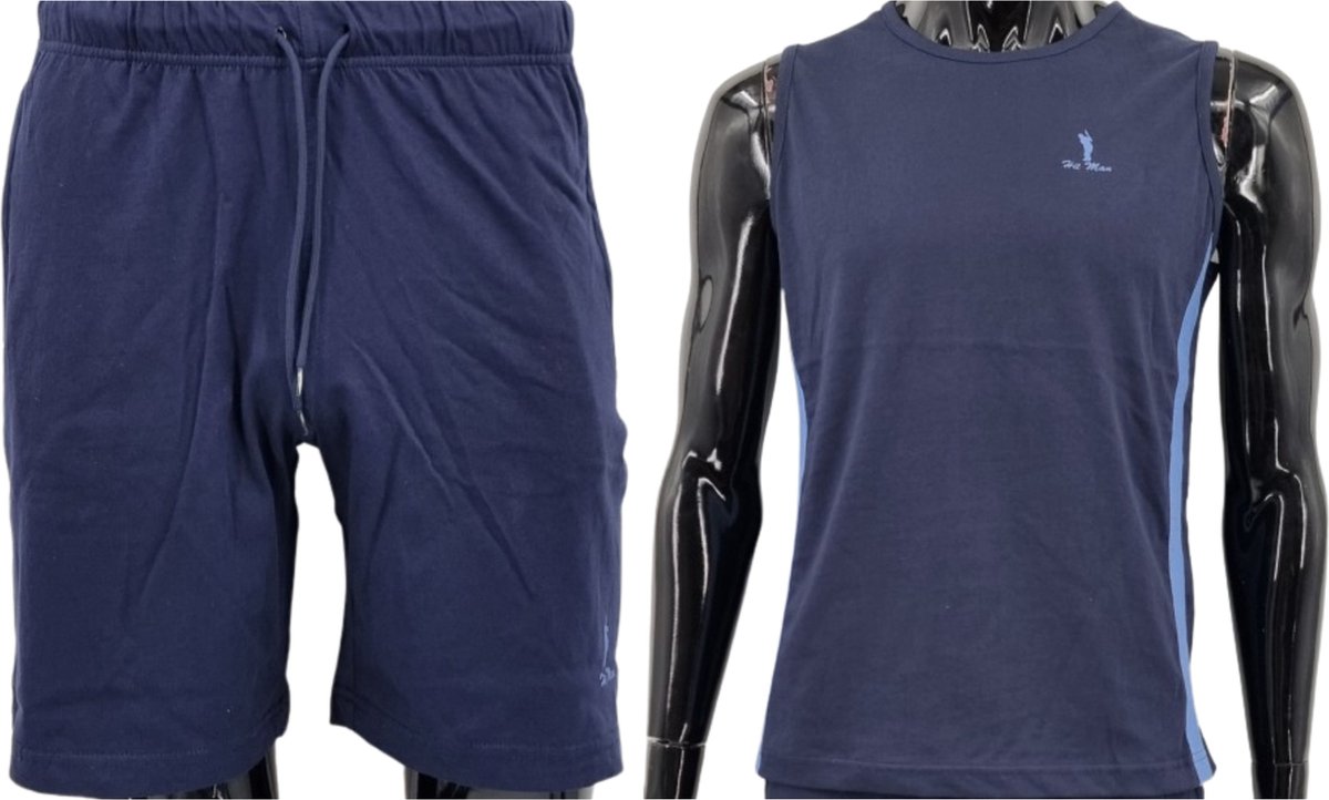 Hitman – Korte Broek Heren - 100% Katoen - 2 Delige Set - Korte Broek met Ritszakken - Sportkleding Heren - Huispak Heren - 1 x Korte Broek en 1 x Heren Hemd - Donker Blauw – Maat XL