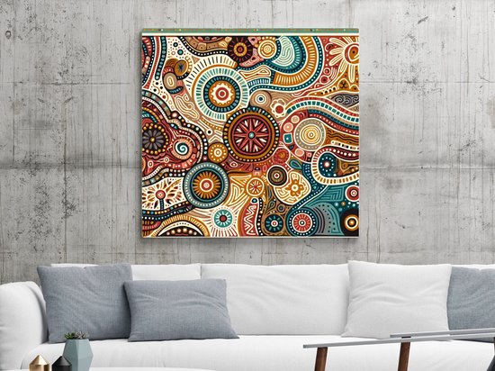Abstract schilderij met cirkels, lijnen en organische vormen in aardetinten, blauw en rood.