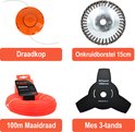 Overzichtset: draadkop, onkruidborstel 15cm, 100m maaidraad en 3-tands mes.