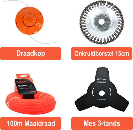 Overzichtset: draadkop, onkruidborstel 15cm, 100m maaidraad en 3-tands mes.