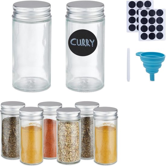 Relaxdays kruidenpotjes, set van 14, kurken deksel, glazen potjes, 150 ml, incl. etiket, stift, trechter, transparant
