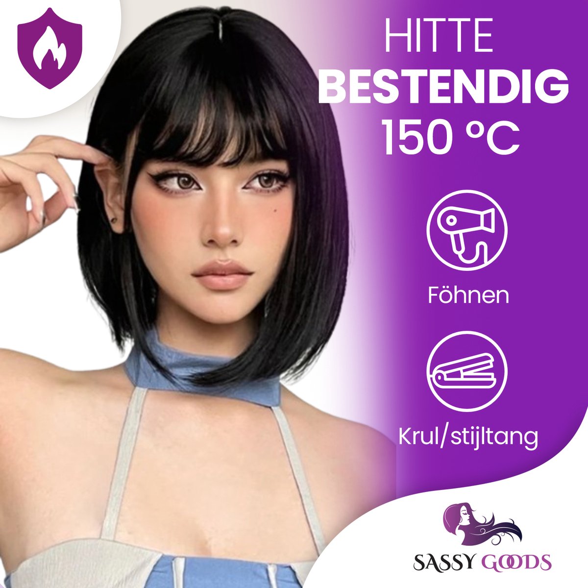 SassyGoods Zwarte Pruik - Pruiken Dames Kort Haar - Wig - Haarwerk - Wasbaar - Zwart - 35 cm — afbeelding 2