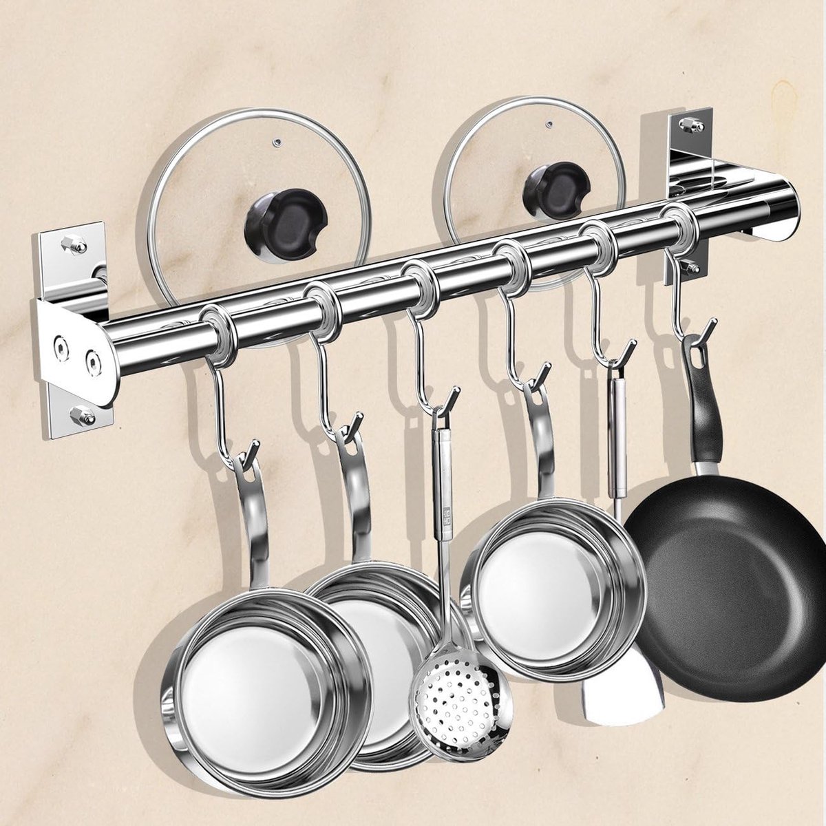 hangrek voor de keuken, 6 haken met messenhouder en potdekselhouder, roestvrij staal, dubbele buis ø15 mm, 40 cm lang, draagvermogen meer dan 10 kg (glanzend gepolijst)