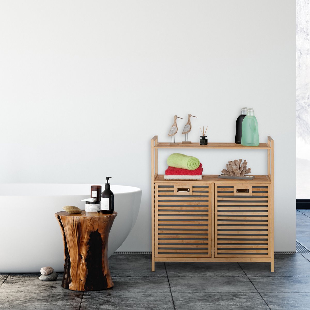 Floordirekt Wasmand van bamboe met 2 vakken, wasmand voor vuile was met grote wasmand (Arizona