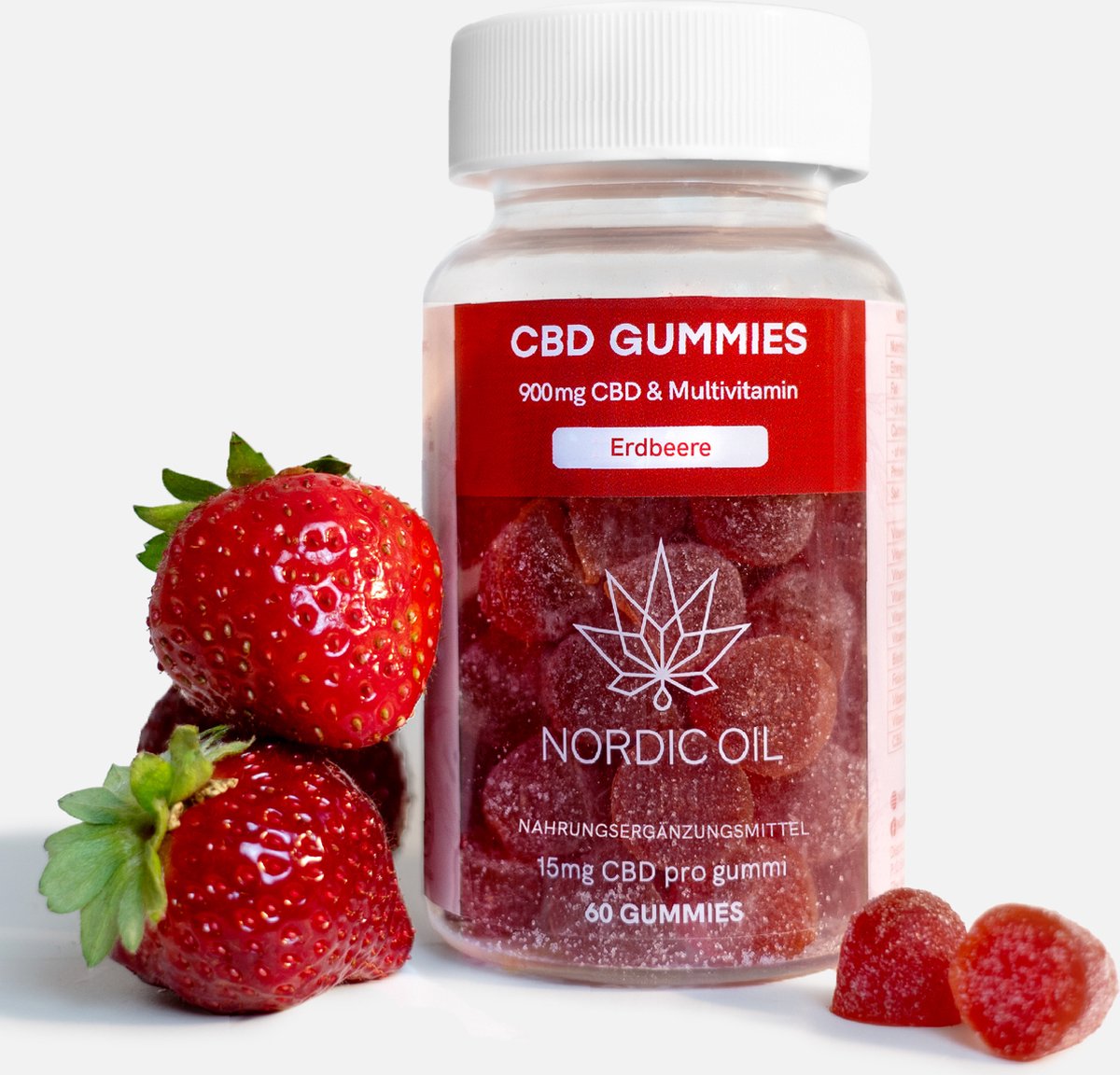 Nordic Oil© - CBD Gummies 900mg - 60 Aardbei Gummies - 15mg CBD + Multivitaminen C, B, E - 100% Vegan & Glutenvrij - Immuunondersteuning - Energieboost