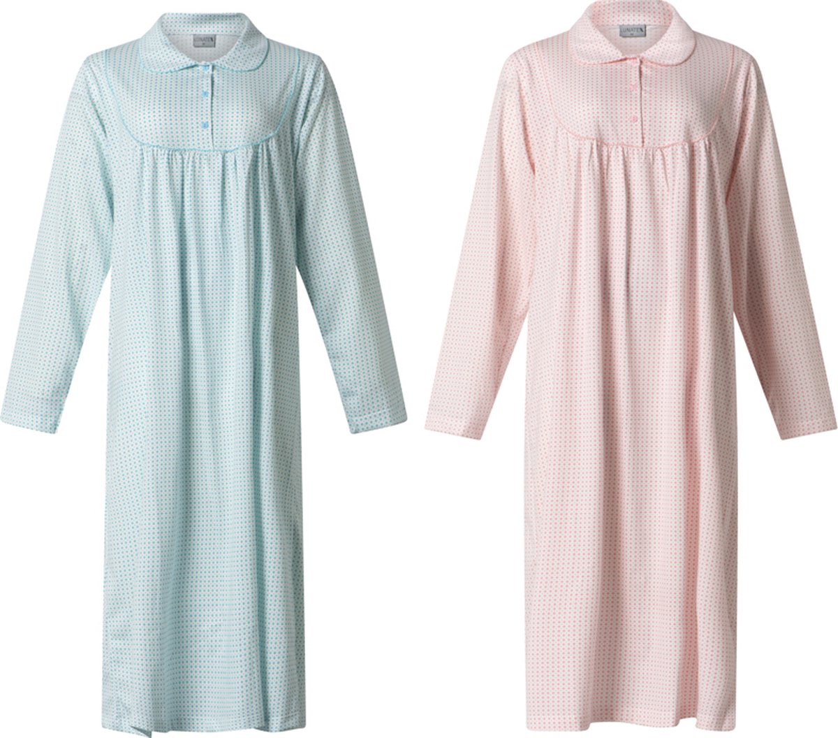 Lunatex 2 klassieke dames nachthemden 224158 met kraag - blauw en roze