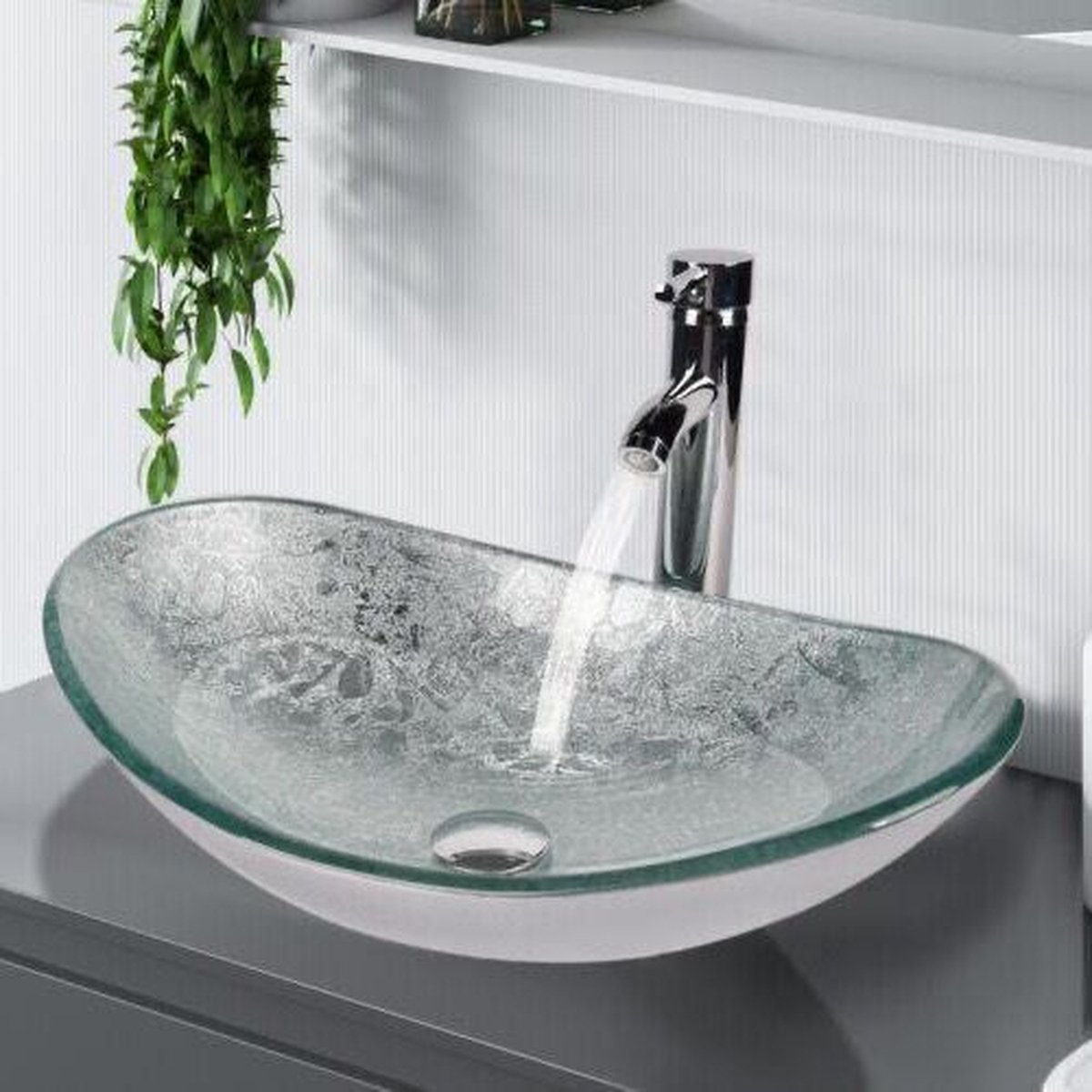 Glazen waskom wasbak wastafel opbouw met hoge kraan ovaal Zilver en drukafvoer complete set