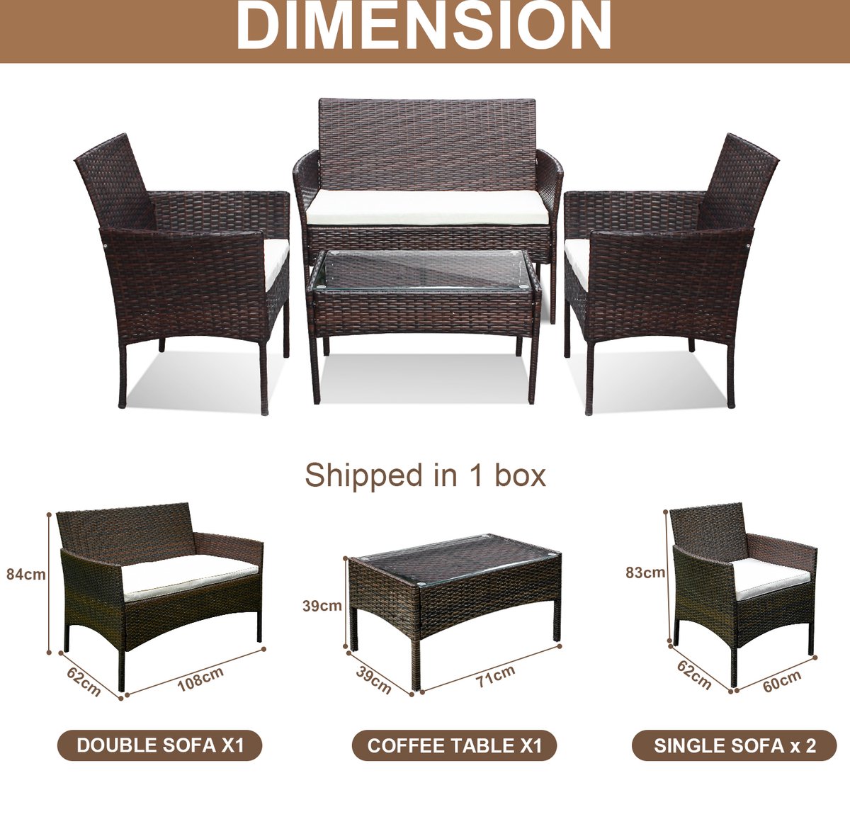 Luxe poly-rattan lounge tuinmeubelset met bank, tafel en glazen blad.