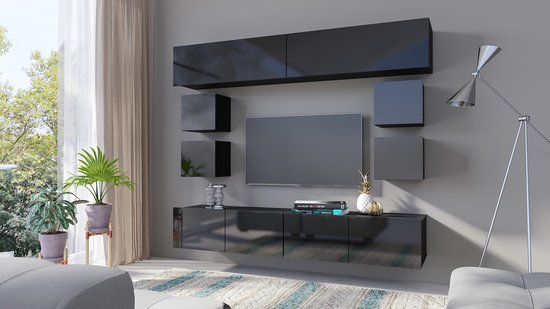TV meubel - CALABRINI 16 - Hangmeubel - Glanzend zwart - 210 cm