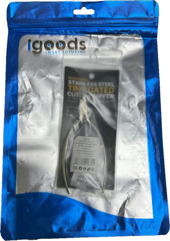 Gouden nagelknipper in verpakking met 'iGOods SMART SOLUTION' logo. De verpakking toont 'PROFESSIONAL STAINLESS STEEL TIN COATED CUTICLE NIPPER'.