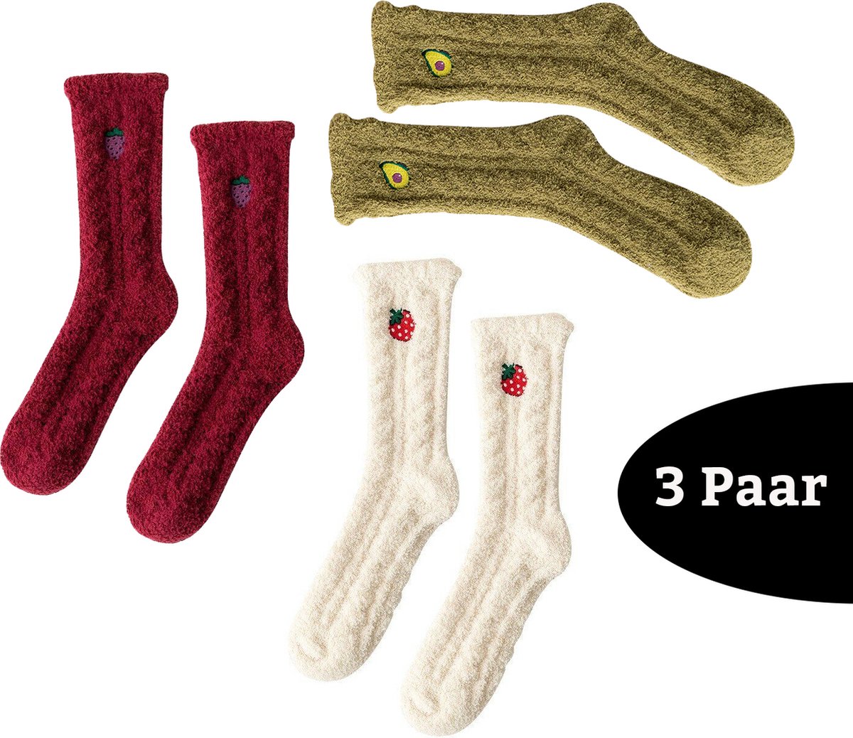 Sokken Trio Cadeauset - Warme Fluffy Huissokken Dames - Grappige Cadeaus - One Size Fruit Sokken - Funny Happy Sokken Verjaardag - Geschenkset Vrouwen, Moeder, Mama, Vriendin, Zus, Oma - Originele Volwassenen Cadeautjes voor Haar Volwassenen