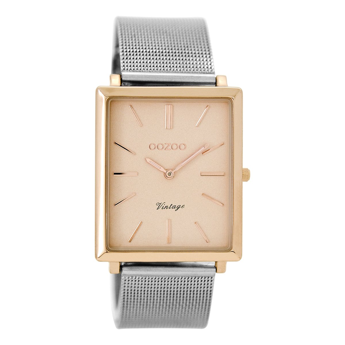 OOZOO Timepieces - Rosé goudkleurige horloge met zilverkleurige metalen mesh armband - C8182