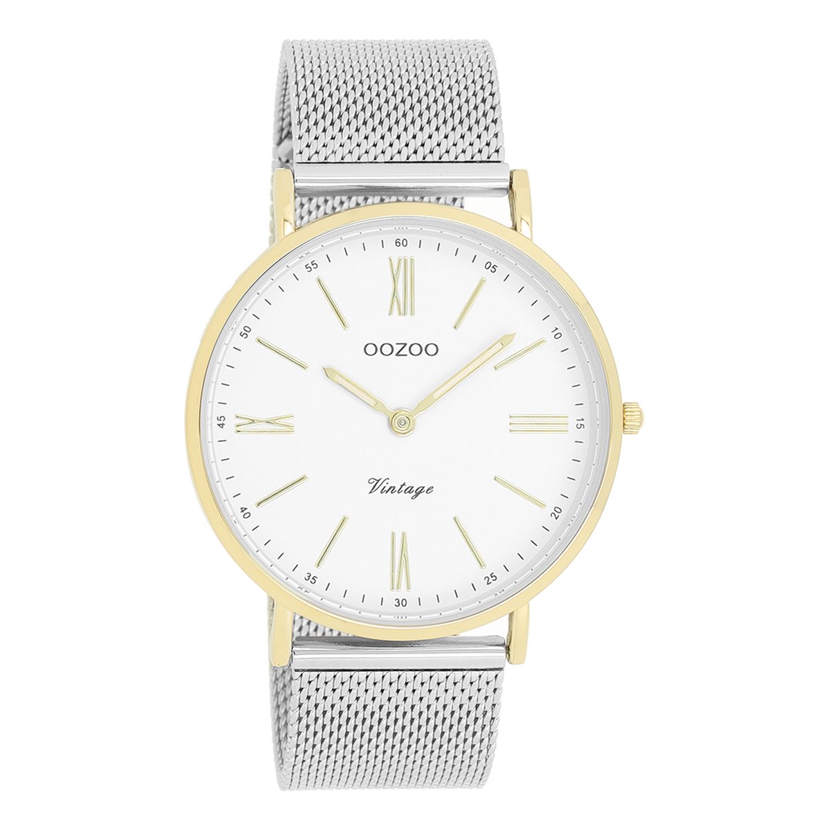 OOZOO Timepieces - Goudkleurige horloge met zilverkleurige metalen mesh armband - C20118