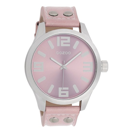 OOZOO Timepieces - Zilverkleurige horloge met oud roze leren band - C1058