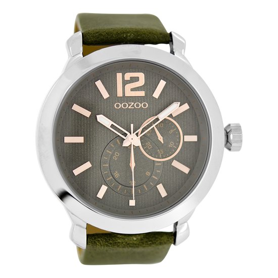 OOZOO Timepieces - Zilverkleurige horloge met groen grijze leren band - C6077