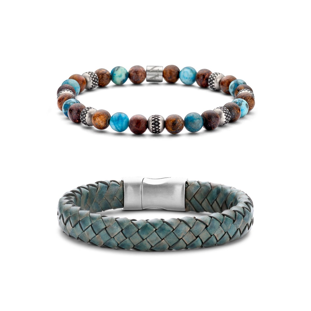 Frank 1967 7FR-SET039 Armbanden Set - 2 Armbanden - Cadeau voor hem - 23 cm - Fashion - Stoer - Leer - Turkoois - Bruin