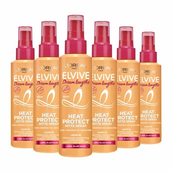 Six flacons pulvérisateurs orange L'Oréal Elvive Dream Lengths Heat Protect avec des têtes de pulvérisation roses. Protège contre 230°C de chaleur.