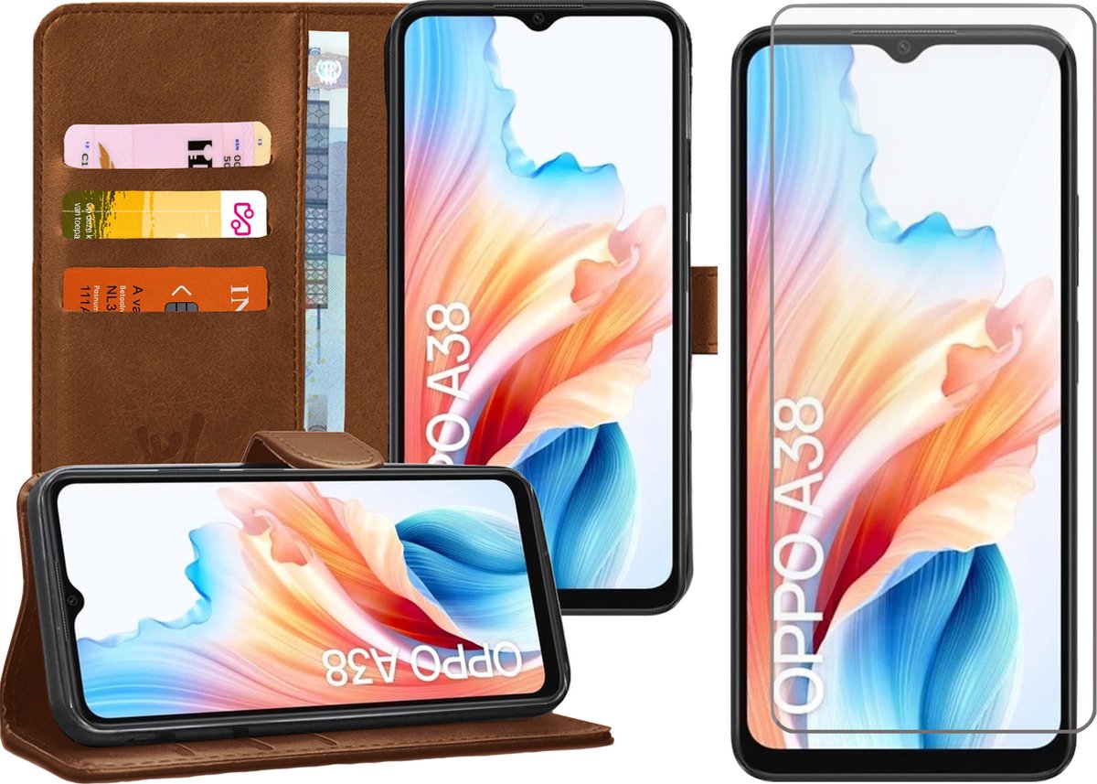 Hoesje geschikt voor Oppo A38 4G / A18 - Screenprotector Glas - Portemonnee Book Case Bruin