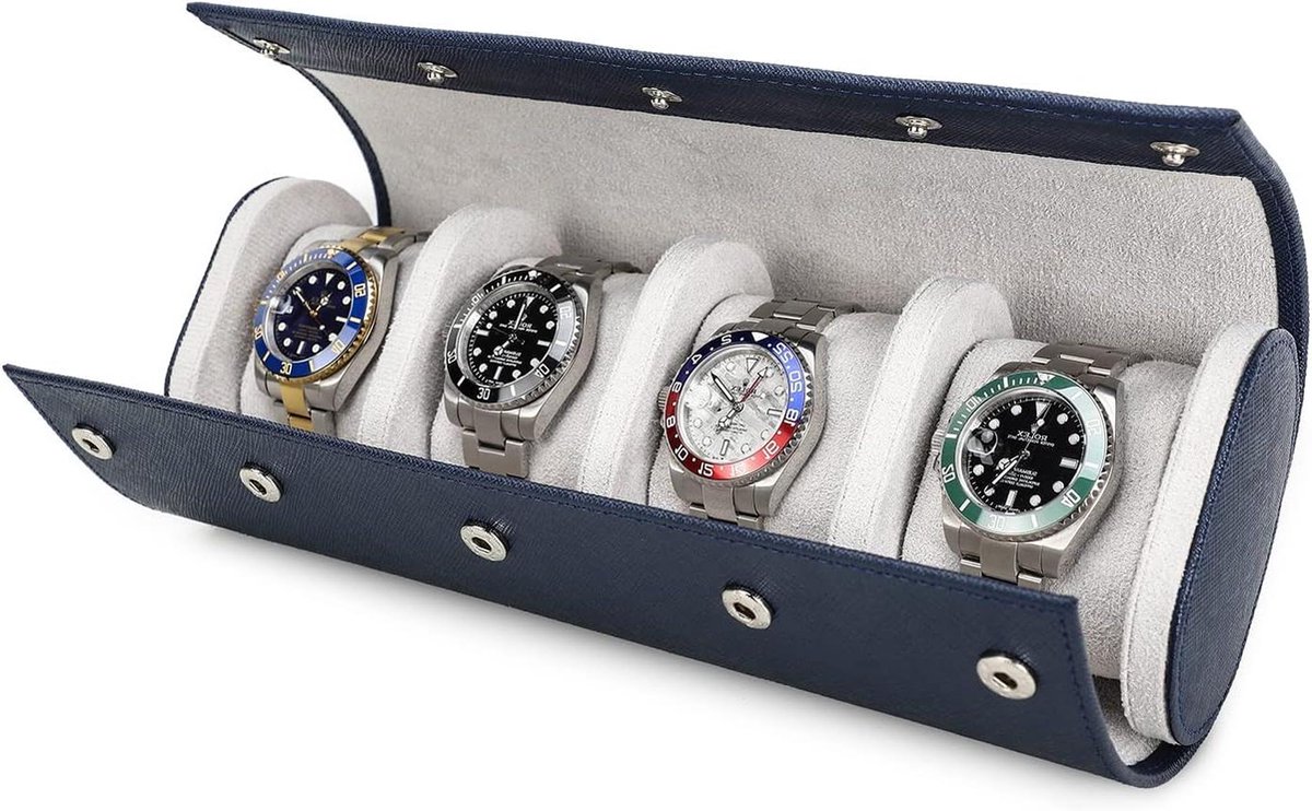 Echt lederen opberghorloge case voor 4 horloges - handgemaakt saffiano lederen reishorloge draagbare case - verwijderbare kussens - Snag montage ontwerp - blauw