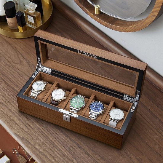 5-raster houten horlogedoos - horloge opbergkast houder - horloge organizer met glazen display deksel - voor mannen en vrouwen