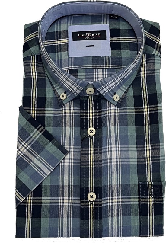 Pre End Overhemd - korte mouw - geruit - strijkvrij - regular fit - blauw groen - Maat 6XL