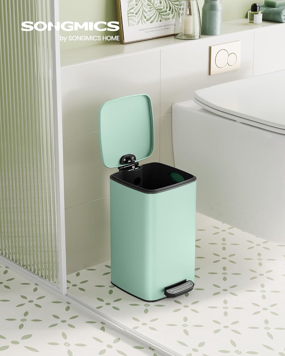 Afvalemmer voor cosmetica , inhoud 8 liter, prullenbak voor de badkamer, kleine afvalbak, met pedaal, voor kleine ruimtes, met deksel, soft-closure techniek, van staal, mintgroen