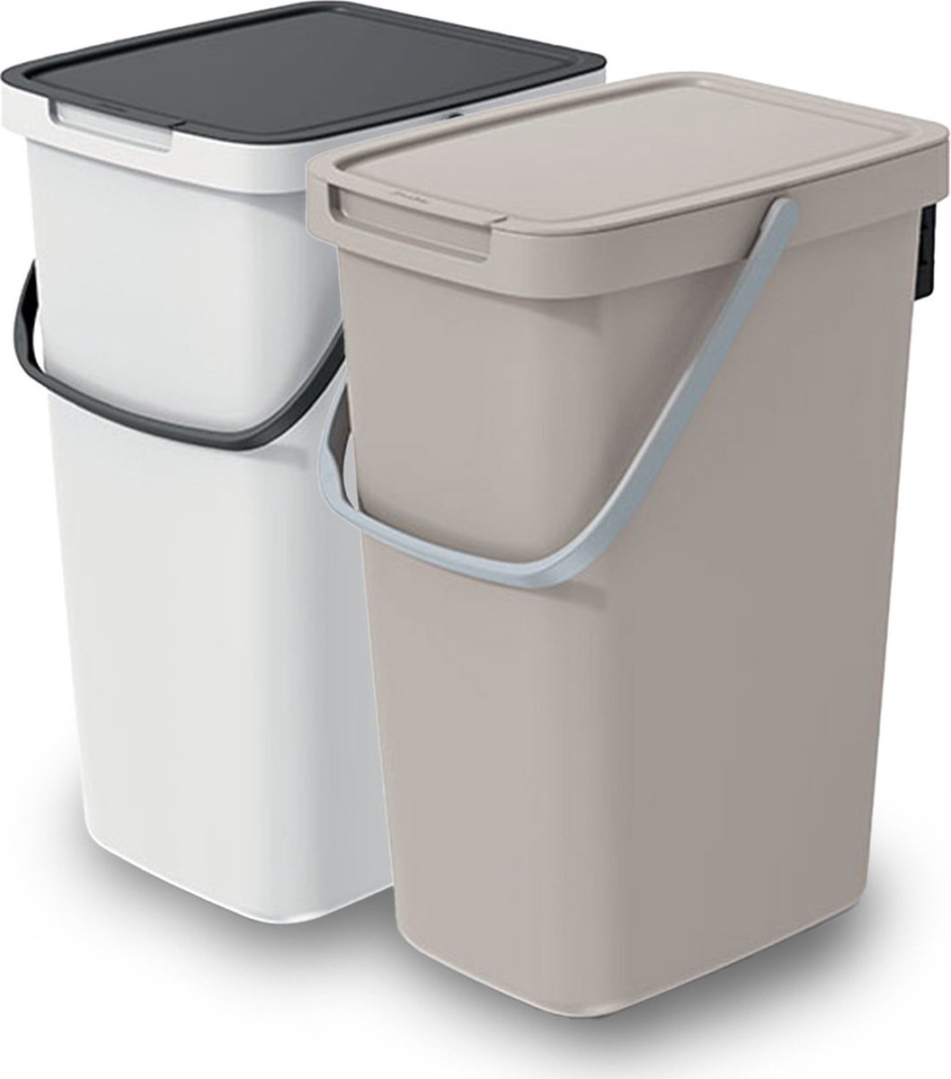 Goedkoopste Keden GFT/rest afvalbakken set - 2x - 25L - beige/wit - 26 x 29 x 48 cm - afval scheiden