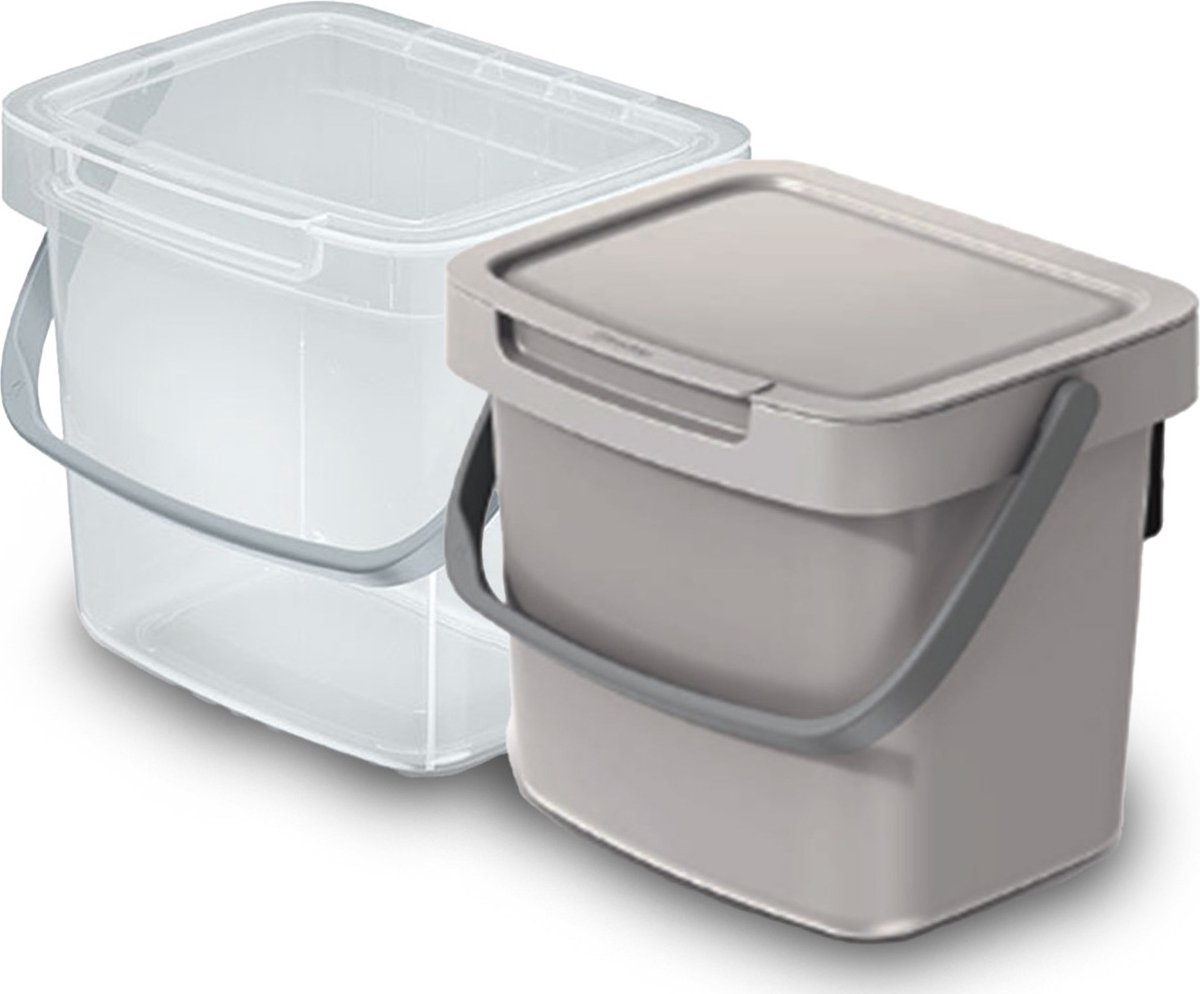 Goedkoopste Keden GFT aanrecht afvalbakjes set - 2x - beige/transparant - 3L - 19 x 17 x 15 cm - klepje/hengsel