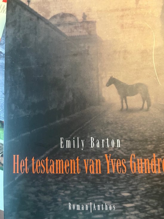 Boekomslag met de titel 'Het testament van Yves Gundro'. Silhouette van een paard op een gebouw.