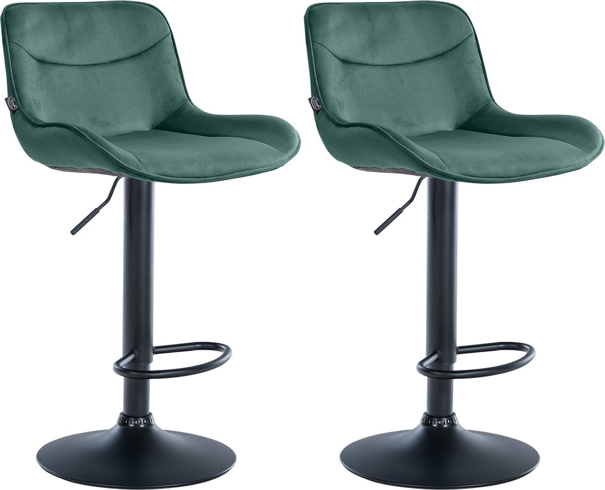 CLP Vonore Set van 2 barkrukken - Met rugleuning - Met voetensteun - Verstelbaar - Metalen frame - Velvet - Fluweel - zwart/groen