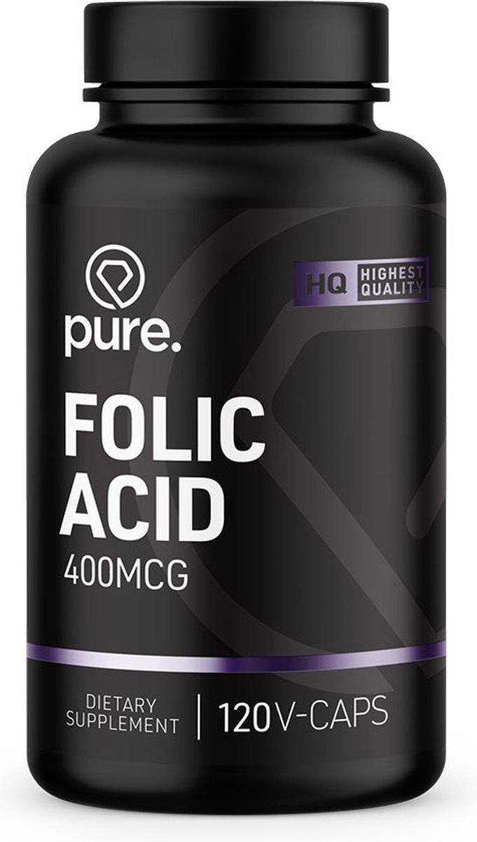 Goedkoopste Pure. Folic Acid – 400mcg Foliumzuur – Vitamine B11 Tabletten – 120 Capsules - Voor Zwangere Vrouwen, Ondersteunt Celdeling en Groei, Essentiële Vitamine