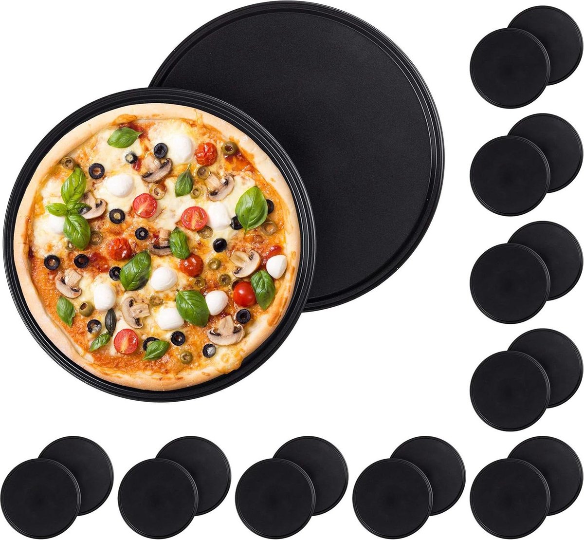 Relaxdays Pizza Bakplaat Set van 2 Stuks - Antiaanbaklaag - rond - Pizza en Tarte Flambée - Koolstofstaal - Grijs - 1 cm (h) x 32 cm - 10025633